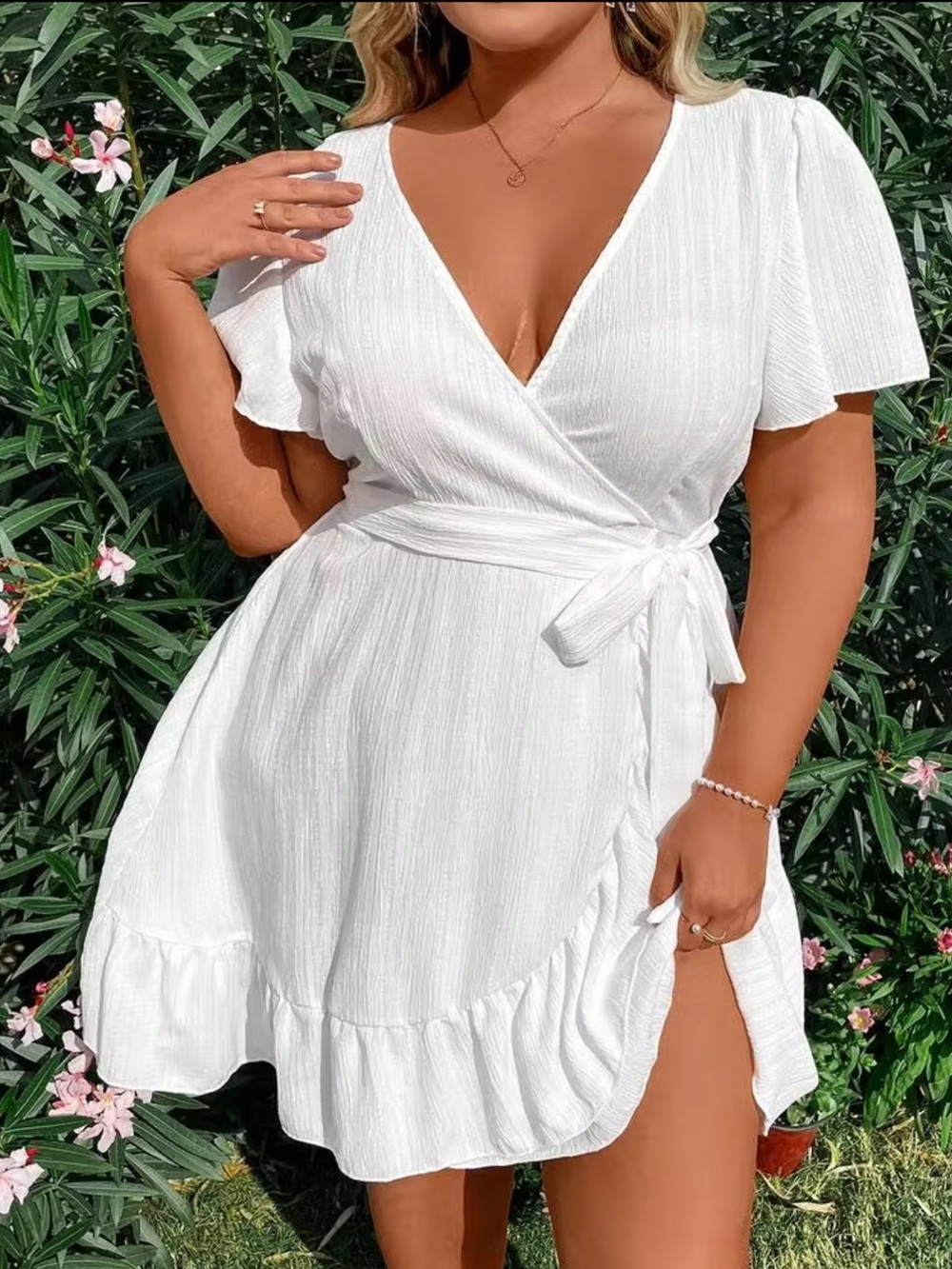Women’s White Wrap Dress with Ruffle Hem - 0XL